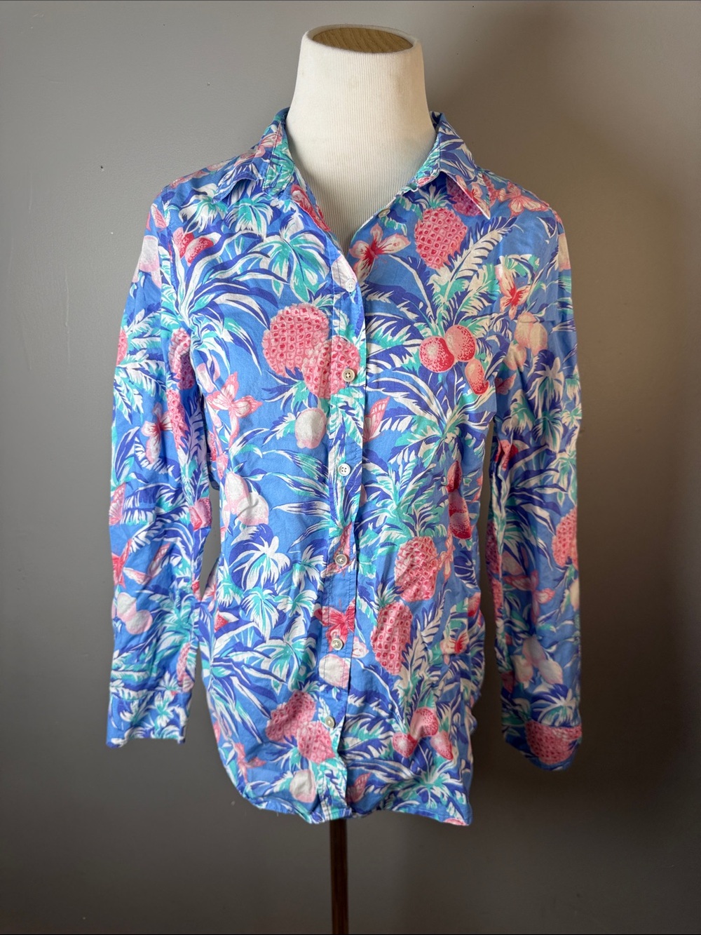 Talbots Blue Tropical Print Button-Down Shirt